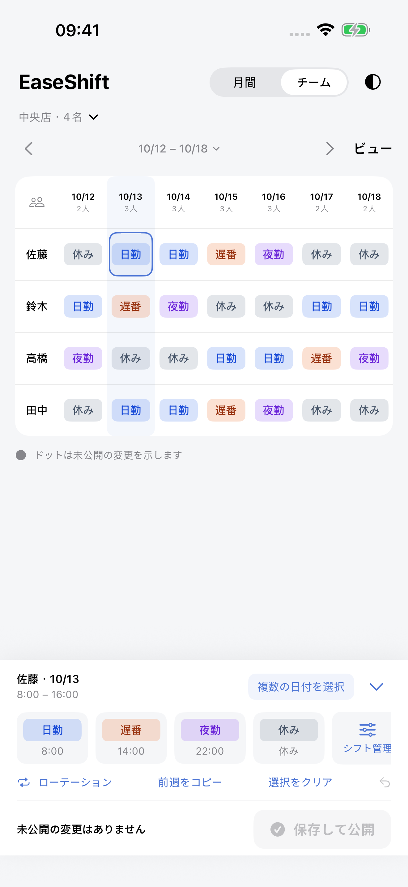チームのシフト表